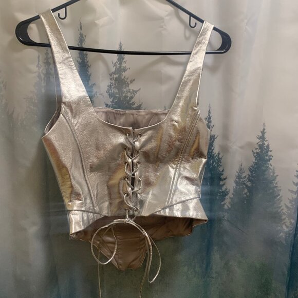 Naked Wardrobe Silver Lace & Leather Corset Top, size Medium - Picture 6 of 7
